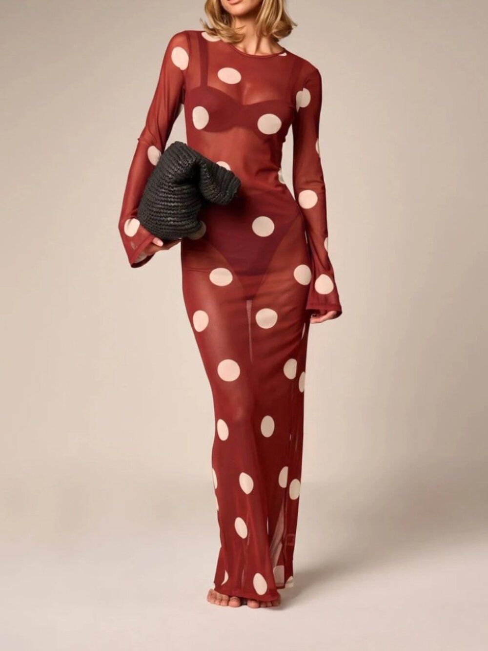 Rust Red Polka Dot Sheer Mesh Maxi Dress Slim Fit